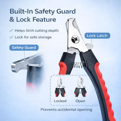 Dog & Cat Nail Clippers & Trimmers - Extra Sharp Dog Clippers with Stainless Steel Blades & Safety Guard to Avoid Overcutting - Ergonomic Cat Nail Clippers with Non-Slip Grip & Lock Feature - color: Red