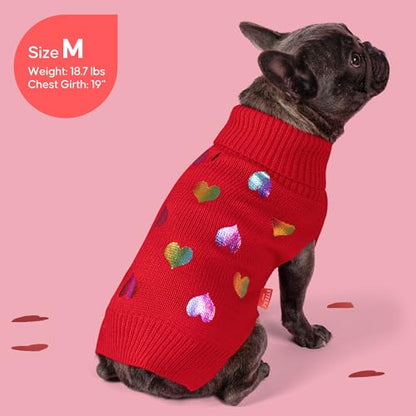 KYEESE Valentines Dog Sweater, Soft Turtleneck Small Dog Sweater, Stretchy Pullover Pet Sweaters for Small Dogs, Comfy Dogs Coat with Leash Hole, Warm Pet Clothes with Heart Sequined Printing, M - color: 2# Heart (Red), size: Medium (7-11lbs)