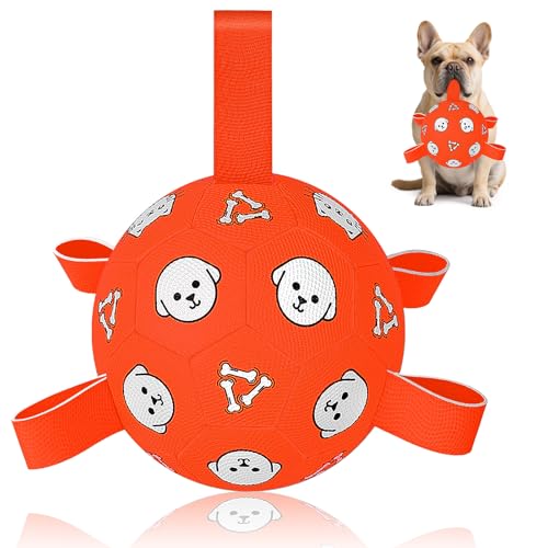 6 Inch Dog Soccer Ball, Interactive Dog Toys for Small Dogs | Floating Water Toys, Jolly Ball with Straps, Durable Outdoor Training Dogs Tug Toy, Outside Pet Toys, Birthday Gift for Puppy - color: Orange, size: Medium-6 Inch
