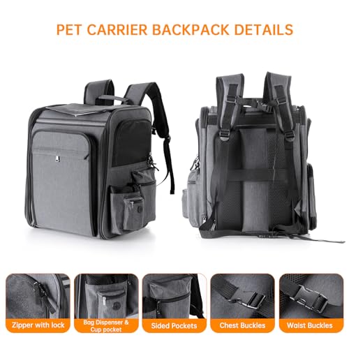 Cat Backpack Carrier,Double Side Expandable Cat Carrier Backpack,Dog Carrier Backpack for Medium Cats and Small Dogs,Puppies Up to 20 Lbs,Pets Carrier Backpack with Breathable Mesh(Grey) - color: Grey + Black Mesh