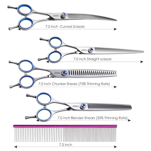 Left Handed Dog Grooming Scissors Kit 7 in Professional Curved Thinning Straight Shears 3pcs Set for Grooming Dogs Cat Pet Japanese 440C Stainless Steel(7.0'' Kit, 4Pcs) - size: 7.0 inch, style: 4 Pcs Kit