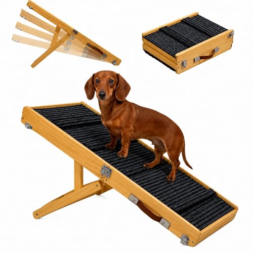 2026 Upgraded Foldable Small Dog Ramp for Couches, Wooden Small Dog Ramp for Sofa - 4 Adjustable Heights (12"-19"), Portable, Stable & Non-Slip, Walnut - size: 80X30cm-Walnut Color