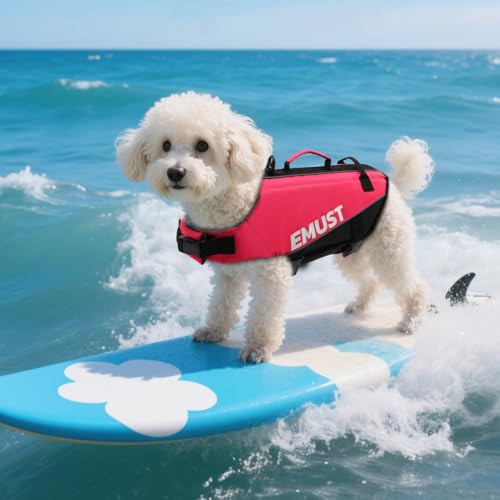 EMUST Dog Life Vests, Adjustable XS Dog Life Jacket with Rescue Handle, Puppy Flotation Vest for Small/Medium/Large Dogs, Rosepink, XS - color: Rose Pink, size: XS