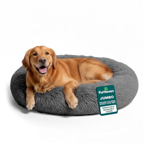 FurHaven 45" Calming Donut Dog Bed for Large Dogs, Round Plush Donut Design with Soft Filling for Snuggling Comfort, Removable Washable Cover, Jumbo XL, Shaggy Faux Fur, Gray - color: Gray, size: Jumbo