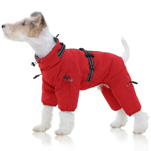 FUAMEY Full Body Dog Coat,Warm Dog Fleece Jackets with Harness Built in Windproof Dogs Snowsuit Zip up Pet Four Legged Pets Jumpsuit Winter Outfit Cold Weather Coats for Extra Small Dogs Red XS - color: Red, size: X-Small