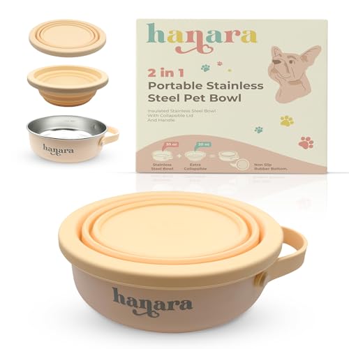 HANARA 2-in-1 Insulated Dog Bowl with Collapsible Lid & Handle – Stainless Steel, Non-Slip Rubber Base – Portable Pet Water & Food Bowl for Dogs & Cats – 30 OZ + 20 OZ – Indoor & Outdoor (Beige) - color: Beige