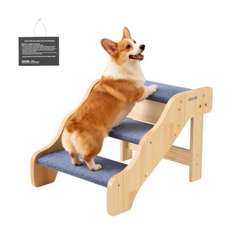 VEVOR Wood Pet Stairs, 3-Step Dog Stairs for High Beds, Sofa & Cars, 150lbs Load Capacity, Non-Slip Surface, Stable Cat & Dog Step Ladder for Small Medium Large Older Pet Puppy Essentials - color: Wood Color+Blue, size: 3-Step Fixed