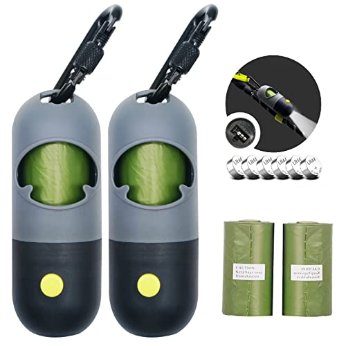 2 Pack Poop Bag Holder with Flashlight Waste Bag Dispenser for Leash with Clip and Battery Poop Bag Dispenser with Green Scented Poop Bags for Dog Walking(Black,2 Dispenser 60 Bags) - color: Black