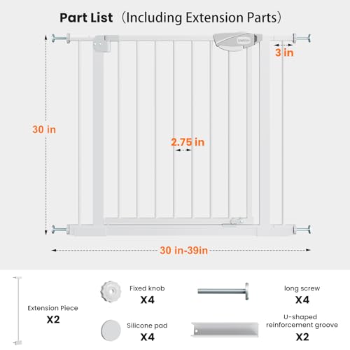 Safety Gate for Stairs & Doorways, Auto-Close Baby Gate or Dog Gate – Pressure Mount No Drilling, 30" Tall All Metal Frame with Dual Locking System (White, 30" Tall 29"-39" Wide) - size: 30"Tall 29"-39" Wide