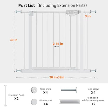 Safety Gate for Stairs & Doorways, Auto-Close Baby Gate or Dog Gate – Pressure Mount No Drilling, 30" Tall All Metal Frame with Dual Locking System (White, 30" Tall 29"-39" Wide) - size: 30"Tall 29"-39" Wide