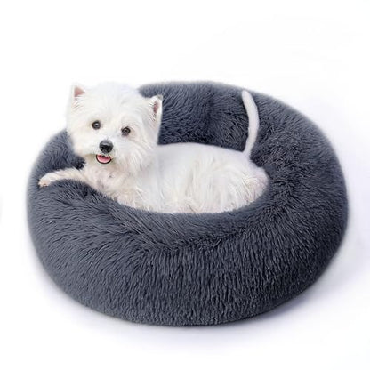 Calming Round Dog Bed & Cat Bed with Anti-Slip Bottom, Medium Size Washable Anti-Anxiety Donut Dog Beds for Small Dogs & Cats, Fluffy Plush Soft Dog Bed(24 Inch, Blue Grey) - color: Blue Grey, size: 24"l x 24"w x 8"th
