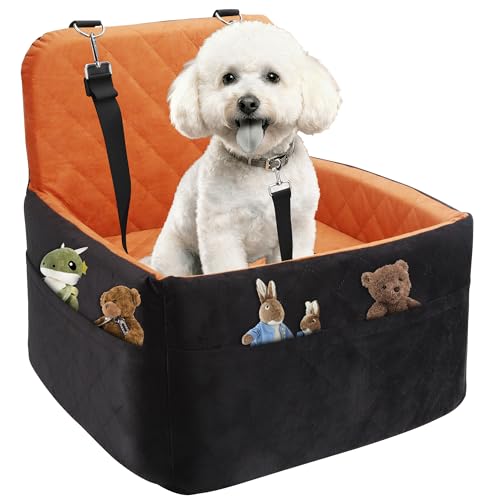 Dog Car Seat for Small/Medium Dogs,Pet Dog Booster Car Seat Puppy 15-35 lbs with Soft 4+2in Detachable Pads Detachable Elevated Cushion and Washable Cover Brown - color: black-brown