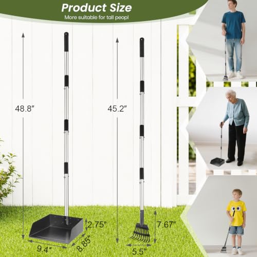 T2Y Pooper Scooper, Long Handle Dog Pooper Scooper, Adjustable Stainless Steel Rake & Extra Large Tray, Antirust & Durable Poop Scoopers for Yard, Lawn, Snowfield, Suitable for Multi-Dog Family - size: Rake & Large Tray