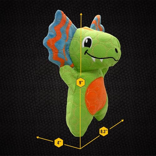 Bite Force - Durable & Strong Dog Toy Green Dino with Squeaker, Kevlar-Reinforced for Aggressive chewers. - color: Medium - Dilophosaurus