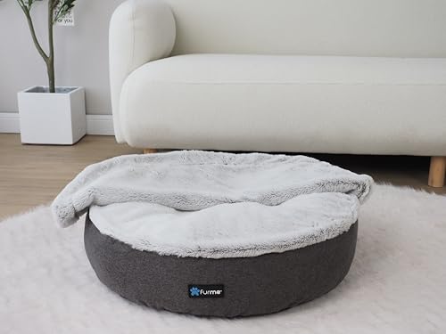 FurMe Graphite Cave Pet Bed with Blanket - Fluffy Small Dog Bed with Cover Cave for Medium Size & Small Dogs with Washable Cover, Calming & Cozy Pet Sleeping Nest
