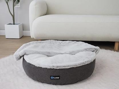 FurMe Graphite Cave Pet Bed with Blanket - Fluffy Small Dog Bed with Cover Cave for Medium Size & Small Dogs with Washable Cover, Calming & Cozy Pet Sleeping Nest