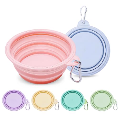 Collapsible Dog Bowls 2-Pack, Portable Travel Dog Bowl with Carabiner, Food-Grade BPA-Free Silicone Pet Food & Water Bowl for Dogs & Cats, Hiking Walking Camping (Pink and Blue) - color: Pink and blue