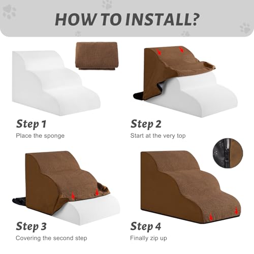 3 Steps Foam Dog Stairs Replacement Cover (for AODISMAN Dog Ramp Only), Suitable Size: 22.4" L*15.7" W*15.7" H,Brown - color: Brown
