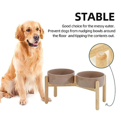 Havniva 8.3inch Ceramic Raised Dog Bowl with Stand, Double Dog Bowls Elevated for Large Breed Dog Food and Water Bowl Set Non-Slip Dog Dish Large Capacity Feeding Pet Water Bowl - color: 2 Bowls+Stand - Brown Coffee, size: 8.3inch