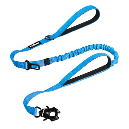 PetBonus Heavy Duty Tactical Dog Leash, 5 FT Bungee Shock Absorption Leash with 2 Padded Handles, Quick Release Metal Clip, Car Seatbelt, No Pull Training Lead for Large Medium Dogs（Light Blue） - color: Light Blue