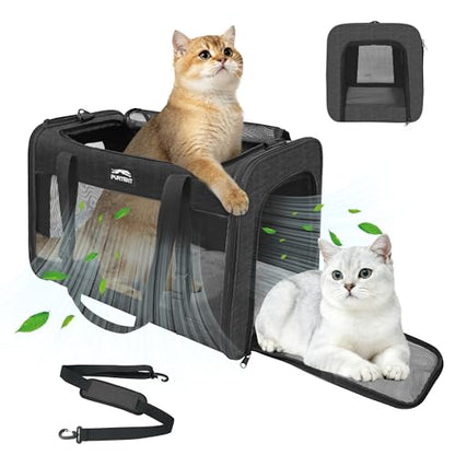 Soft-Sided Large Cat Carrier for 2 Cats, Spacious Foldable Pet Travel Carrier for Large Cats up to 25 Lbs, Double Cat Bag with Shoulder Strap, 20x13x13 Inch, Fits Maine Coon and Small Dogs, Black