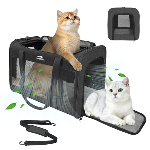 Soft-Sided Large Cat Carrier for 2 Cats, Spacious Foldable Pet Travel Carrier for Large Cats up to 25 Lbs, Double Cat Bag with Shoulder Strap, 20x13x13 Inch, Fits Maine Coon and Small Dogs, Black