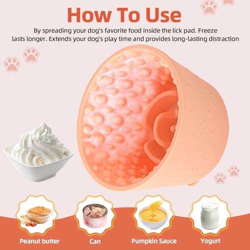 Dog Slow Feeder Lick Bowl, Non-Slip Dog Licking Treat Dispenser, Slow Feeder Bowls for Small Medium Large Breed Dogs, Anxiety Relief & Anti-Choking, BPA Free Silicone (Light Orange, 1.6 Cup) - color: Light Orange