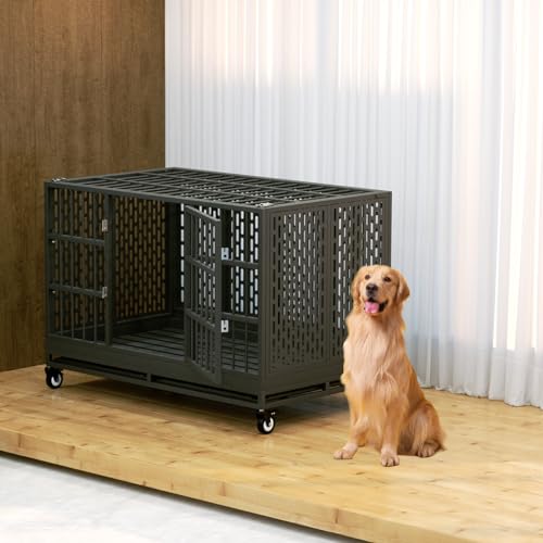 Snuowu 38 Inch Heavy Duty Dog Crate with Wheels, Folding Metal Big Dog Cage for Large and Medium Dogs, Extra Large XL XXL Indestructible Dog Crate with Removable Tray. - size: 37.3"L x 29.0"W x 32.0"H