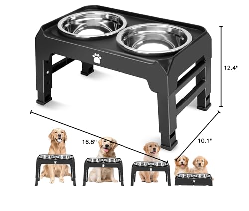 Elevated Bowls with Adjustable Heights - Raised Stand with 2 Stainless Steel Food Bowls, Non-Slip Foldable Feeder for Medium Large Dogs, Adjusts to 12.36", 10.75", 9.2", 3.7", Black - color: Black, size: Medium dogs