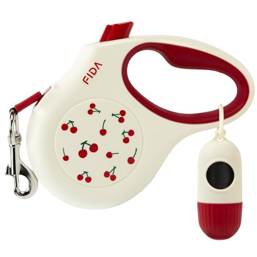 Fida Retractable Dog Leash with Dispenser and Poop Bags, 16 ft Pet Walking Leash for Small Dog or Cat up to 26 lbs, Anti-Slip Soft Handle, Tangle Free, Reflective Nylon Tape (S, Cherry) - color: Cherry, size: Small, 16ft