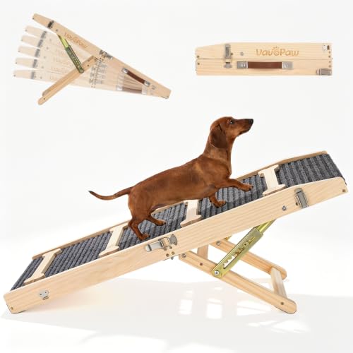 VavoPaw Upgraded Dog Ramp for Couch, Foldable Dog Ramps for Small Dogs, 7 Adjustable Height from 2.4"-18.5", Portable Pet Steps with Non-Slip Pad, Pet Ramp for Couch Sofa Stairs - color: Wood