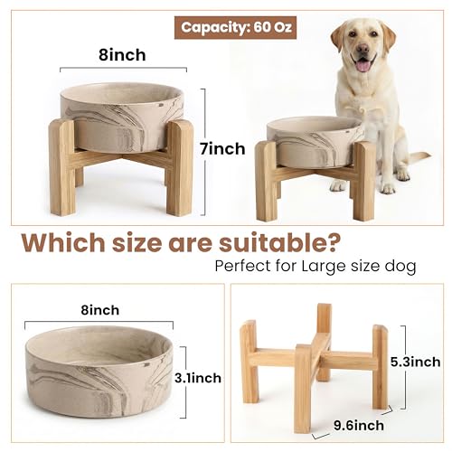 hjn Elevated Ceramic Dog Bowl with Bamboo Stand, Raised Pet Feeding Station for Small Medium Dogs Cats, Modern Design with Anti-Slip Base (Marble Brown, 7.6Cup) - color: Marble Brown, size: 7.6Cup