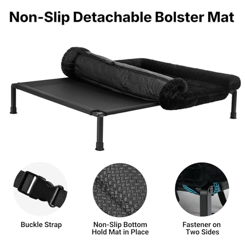 Veehoo Elevated Dog Bed Large Sized with Fluffy Plush Bolster Cushion, Washable Orthopedic Dog Couch Bed, Cooling Raised Pet Cot with Removable Mat, Breathable Mesh, No-Slip Feet, 42x 30 inches, Black - color: Black, size: 42"L x 30"W x 7.9"Th