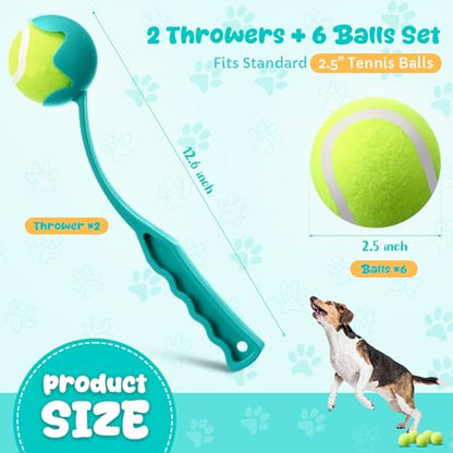 Junkin 2 Pcs 12.6-inch Dog Ball Launcher with 6 Pcs 2.5-inch Tennis Balls Pet Dog Thrower Fetch Toy for Dogs 20-60 lb Outdoor Training Park Backyard Beach