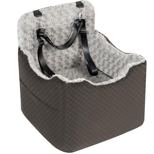 Dog Car Seat for Small Medium Dogs - 6.7inch Elevated Dog Booster Car Seats wih Soft Rose Velvet, Washable Travel Pet Carseat with 2 Safety Leashes and Storage Pockets(Grey/Black Coffee) - color: Black Coffee/Grey