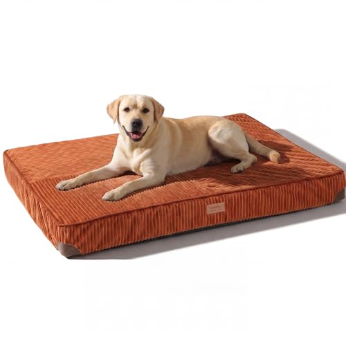 FUKUMARU Dog Bed, Thickened Corduroy Orthopedic Dog Beds with Washable Cover, XL Waterproof Dogs Bed for Crate, 28D Egg Crate Foam Support Pet Mat, Cozy Pet Bed Pad with Anti-Slip Bottom, Orange - color: Orange, size: 42"L x 30"W x 4"Th
