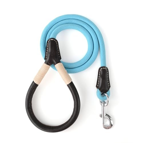 Mile High Life Dog Leash, Rope Leash with Genuine Leather Handle and Heavy Duty Metal Clasp, Great for Small Medium Large Dogs (Blue, 4FT) - color: Leather Handle-Blue, size: 48 Inch-1/2"