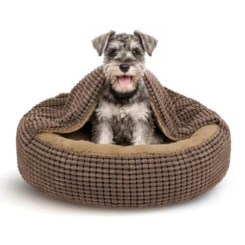 Small Dog Bed with Attached Blanket, Cozy Donut Cuddler Anti-Anxiety Hooded Pet Beds Calming Cave Bed, Orthopedic Round Puppy Beds for Dogs or Cats Washable, Anti-Slip Bottom, 23inch - color: Dark Brown, size: S (23''x23''x7'')