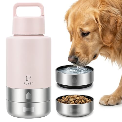 Dog Water Bottle 32oz, Insulated Stainless Steel Travel Water Dispenser with 2 Detachable Dog Bowls for Food and Water, Leak Proof Portable Pet Drinking Cup for Walking Hiking Camping - color: pink