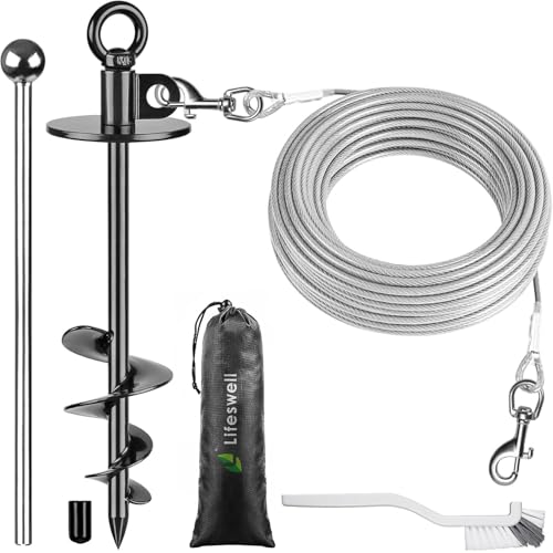 Dog Tie Out Cable and Stake, 50ft Chew Proof Stainless Steel Cable, 15" Heavy Duty Dog Anchor for Dogs Up to 125lbs, No Tangle, Dog Runner for Yard and Camping - color: Black-A, size: 50ft cable + stake