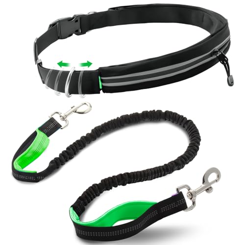 Caudblor Waist Leash for Medium Large Dog Walking, Bungee Hands Free Leash with Zipper Pouch, Around The Waist No Pull Running Dog Belt, Padded Handle Jogging No Hands Heavy Duty - color: Green