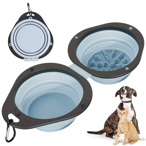 2-in-1 Blue Collapsible Dog Bowls with Carabiner | Foldable Water Bowl(320ml) Foldable Slow Food Bowl(130g) for Dogs Cats Travel Hiking Camping - color: Blue