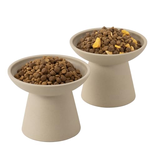 CEEFU Extra Wide Elevated Ceramic Cat Bowl, 6.2" Shallow Dish for Whisker Fatigue Relief, 5" Height for Easy Feeding, Durable Raised 2 Cat Food Bowls, Pottery Clay (Not Glazed) - color: Pottery Clay-2 Food Bowl