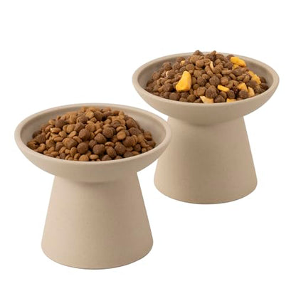CEEFU Extra Wide Elevated Ceramic Cat Bowl, 6.2" Shallow Dish for Whisker Fatigue Relief, 5" Height for Easy Feeding, Durable Raised 2 Cat Food Bowls, Pottery Clay (Not Glazed) - color: Pottery Clay-2 Food Bowl