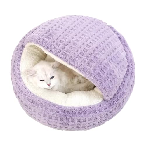 Plush Cat Bed Hooded Semi Enclosed Shell Shaped Pet Nest Cozy Warming Anti-Slip Small Dog Bed for Puppy and Kitten (Purple, Medium) - color: Purple, size: Medium