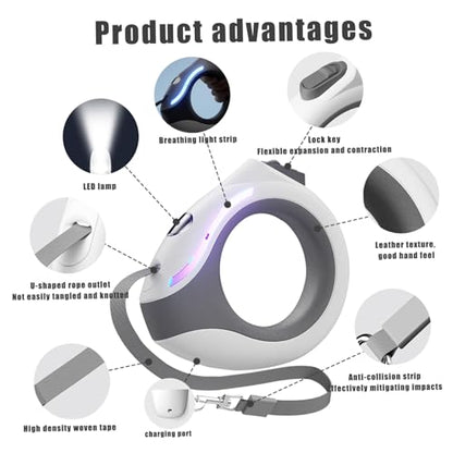 Retractable Dog Leash with Flashlight - Rechargeable, 118in Round Handle, Lock, Breathing Light for Small & Medium Dogs