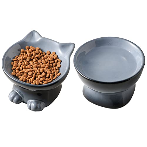 Nihow Ceramic Raised Cat & Dog Bowls: 5 Inch Elegant Gray (2 PC), Protecting Pet's Spine, Feeding & Watering Supplies, Modern Design, Anti Vomiting, Whisker Friendly - color: Gray, size: 4.5 OZ+8 OZ