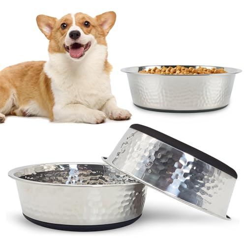 kathson Stainless Steel Cat Bowls 3 PCS Hammered Metal Dog Bowls with Rubber Non-Slip Base Pet Dishes for Water and Food Dishwasher Safe for Feeding Small to Medium Sized Pets(7.1in) - size: 7.1in Dia.