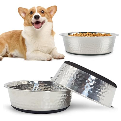 kathson Stainless Steel Cat Bowls 3 PCS Hammered Metal Dog Bowls with Rubber Non-Slip Base Pet Dishes for Water and Food Dishwasher Safe for Feeding Small to Medium Sized Pets(7.1in) - size: 7.1in Dia.