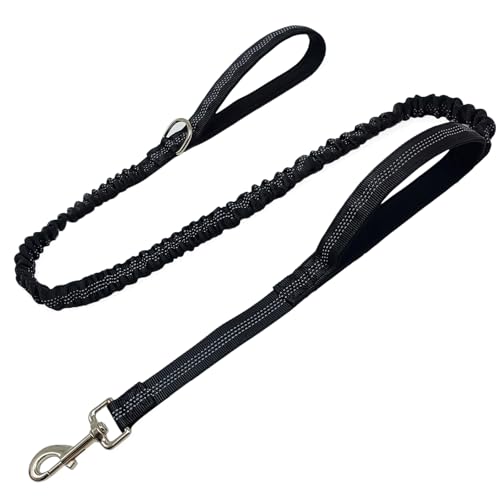 5FT Bungee Dog Leash with 2 Handles, Reflective Nylon Traffic Leash | Shock Absorbing Lead Strong for Large Medium Dogs Anti-Pull Training Walking Controlling Comfortable Padded Handle, Black - color: Black